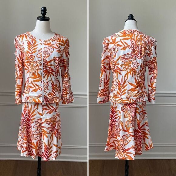 Joseph Ribkoff Skirt Suit Cut Out Jacket Orange Abstract Print 12 - Picture 1 of 15